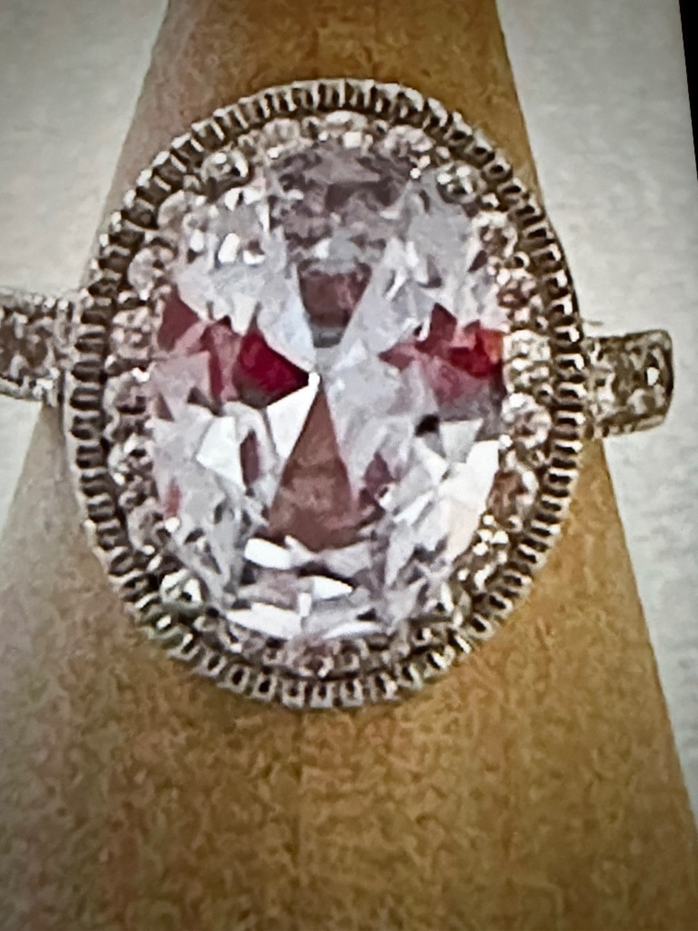 6.6 Carat White Sapphire Ring: Oval-cut Milgraine/Halo, Silver-plate